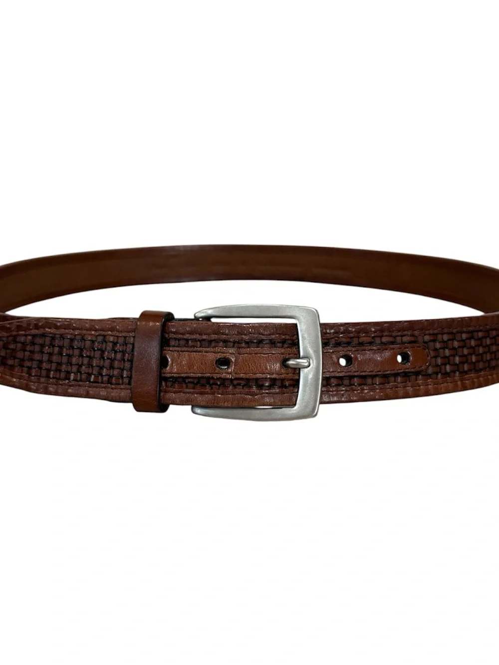 Tommy Bahama Brown Woven Leather Belt with Brushed Silver Buckle